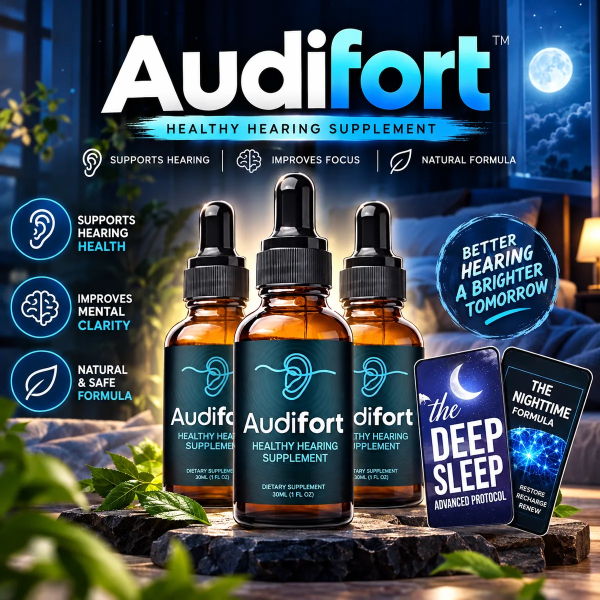Audifort healthy hearing supplement bottles